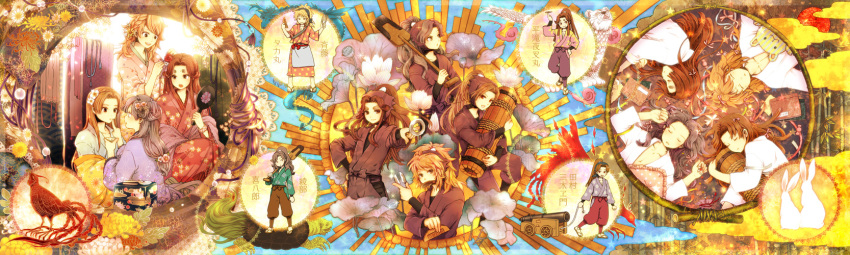 ayabe_kihachiro(character), bird, blonde_hair, brown_hair, bunny, cannon, character_request, chrysanthemum