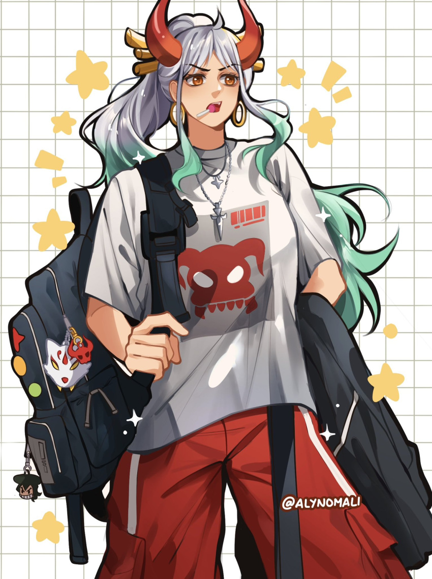 1girl, ahoge, alynomali, bag, bag_charm, charm_(object), commentary, earrings, green_hair, hair_ornament, highres, hoop_earrings, horns, jewelry, looking_to_the_side, multicolored_hair, one_piece, pants, ponytail, red_pants, shirt, shoulder_bag, sidelocks, solo, t-shirt, twitter_username, two-tone_hair, white_hair, yamato_(one_piece)