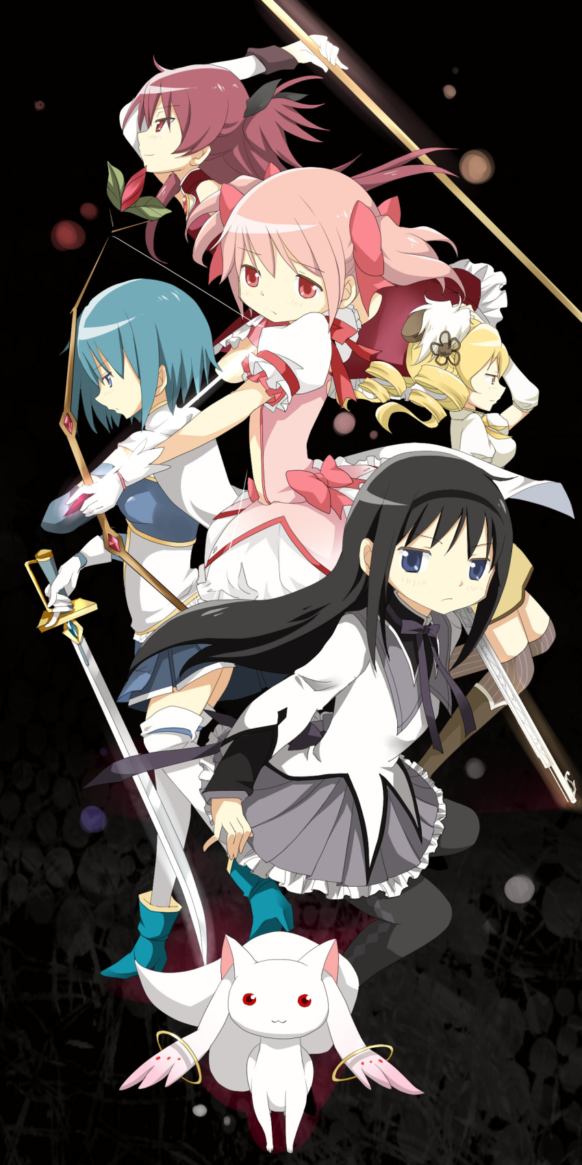 absurdres, akemi_homura, arrow, ayumaru_(art_of_life), black_background, bow_(weapon), everyone, gun