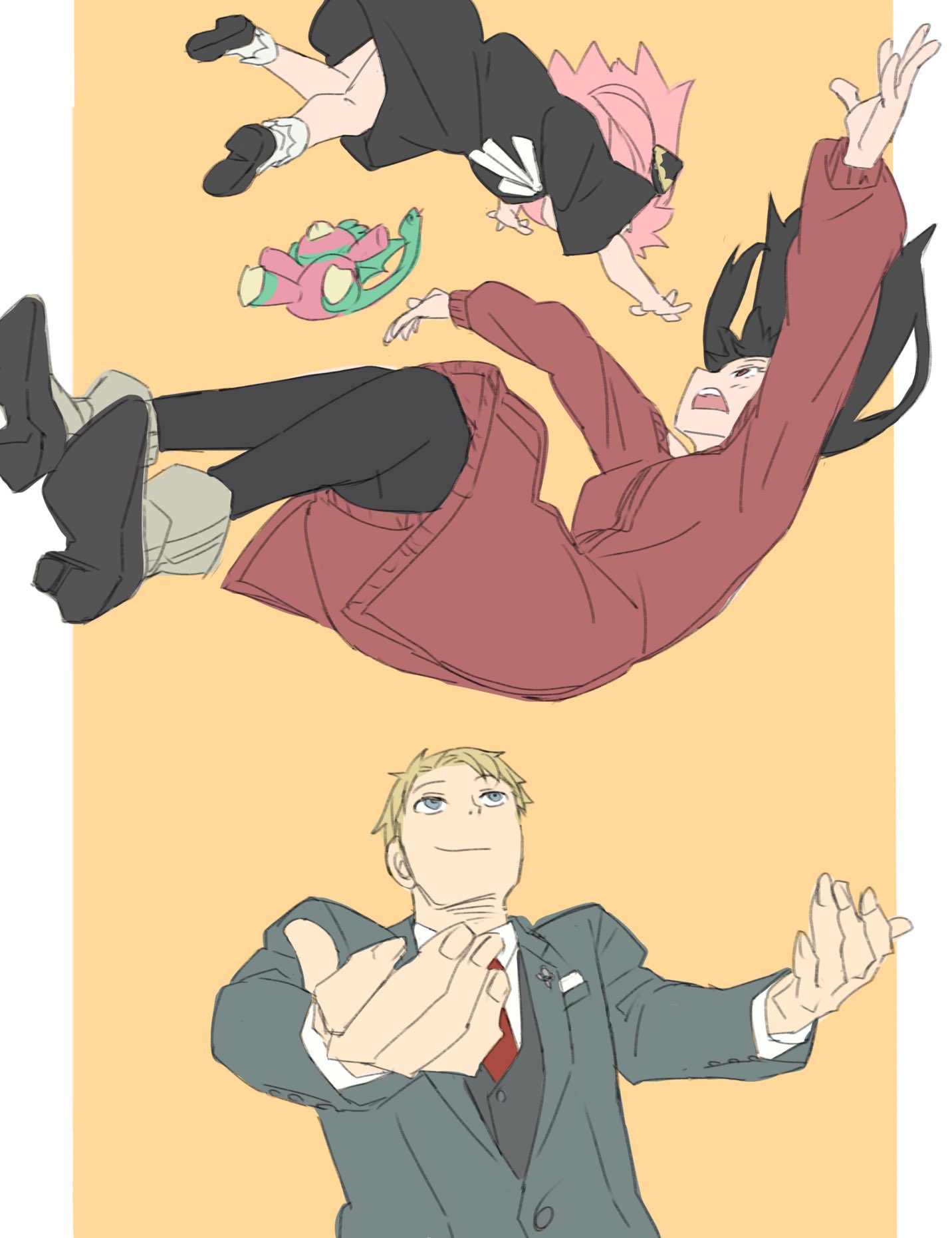 1boy, 2girls, anya_(spy_x_family), ayamame, black_dress, black_hair, black_pantyhose, black_shoes