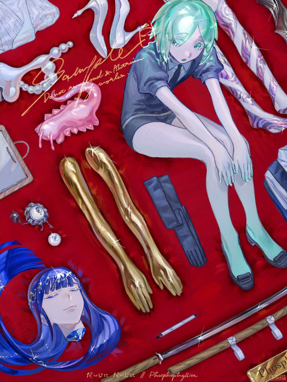 black_necktie, black_shoes, black_shorts, blue_hair, colored_skin, gem_uniform_(houseki_no_kuni), ghost_to_human, gloves