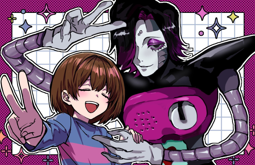 1boy, 1other, :d, android, arm_up, black_eyes, black_hair, blue_shirt