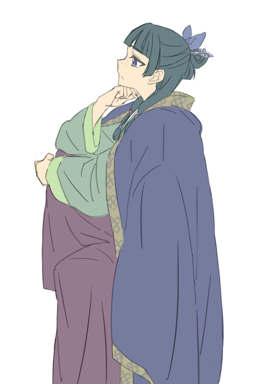 1girl, ayamame, beads, blue_eyes, blue_ribbon, blue_robe, blunt_bangs, brown_skirt