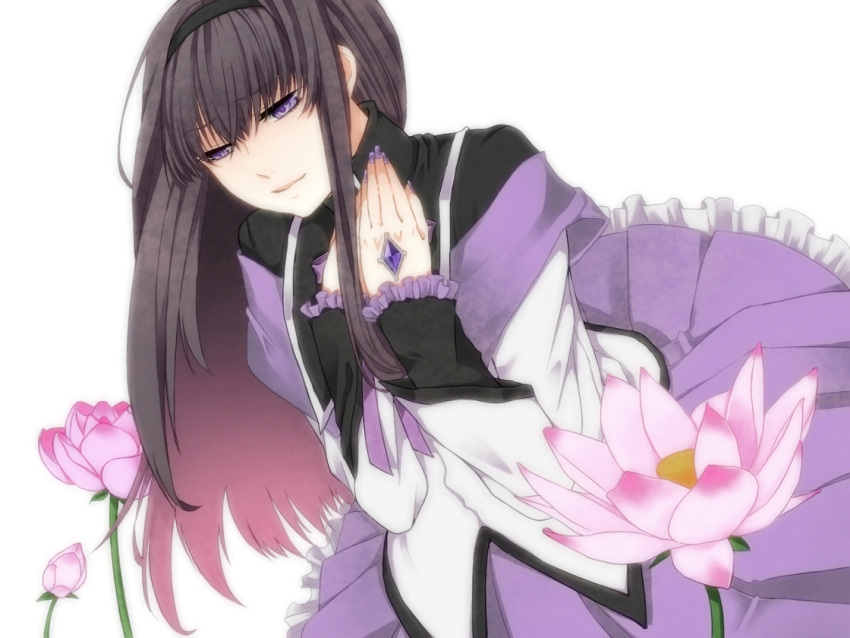 akemi_homura, bad_id, black_hair, flower, hair_ribbon, hands_on_own_chest, hands_to_chest, leaning_forward