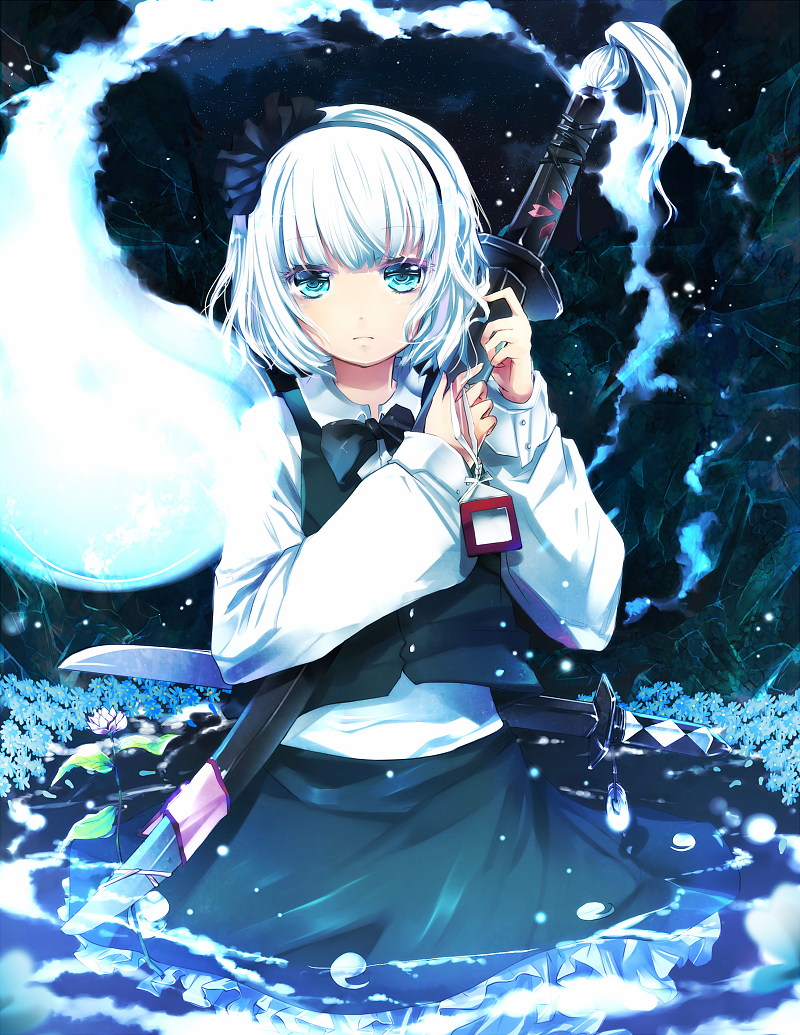 aqua_eyes, blue_eyes, bow, flower, ghost, hair_bow, hairband, hitodama