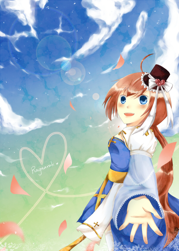 1girl, ahoge, arch_bishop_(ragnarok_online), black_hat, blue_dress, blue_eyes, blue_sky, blush, bow, breasts, clouds, cowboy_shot, cross, dress, frilled_hat, frills, habane_yemu, hair_bow, hat, heart, heart_of_string, juliet_sleeves, long_hair, long_sleeves, looking_at_viewer, low_ponytail, medium_breasts, mini_hat, mini_top_hat, open_mouth, petals, pink_hair, ponytail, puffy_sleeves, ragnarok_online, reaching, reaching_towards_viewer, sash, sky, smile, solo, star_(sky), starry_sky, thigh-highs, top_hat, two-tone_dress, white_bow, white_dress, white_thighhighs, yellow_sash