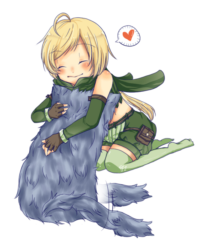 1girl, ahoge, belt_pouch, blonde_hair, blush, closed_eyes, closed_mouth, commentary_request, detached_sleeves, fingerless_gloves, full_body, gloves, green_scarf, green_shorts, green_sleeves, green_thighhighs, grey_gloves, habane_yemu, heart, hug, no_shoes, petting, pouch, ragnarok_online, ranger_(ragnarok_online), scarf, short_hair, shorts, simple_background, smile, solo, spoken_heart, thigh-highs, white_background, wolf