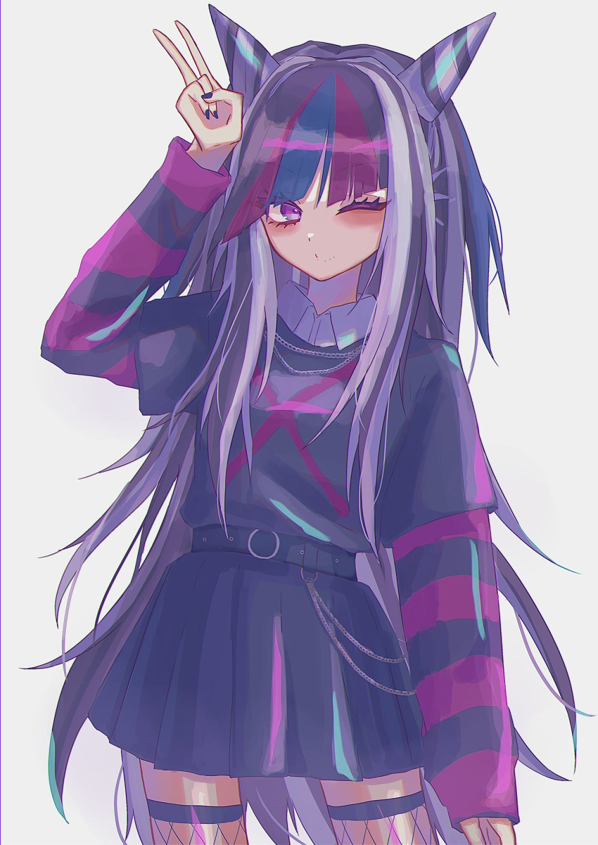 1girl, ;o, alternate_costume, belt, black_belt, black_hair, black_nails, black_shirt