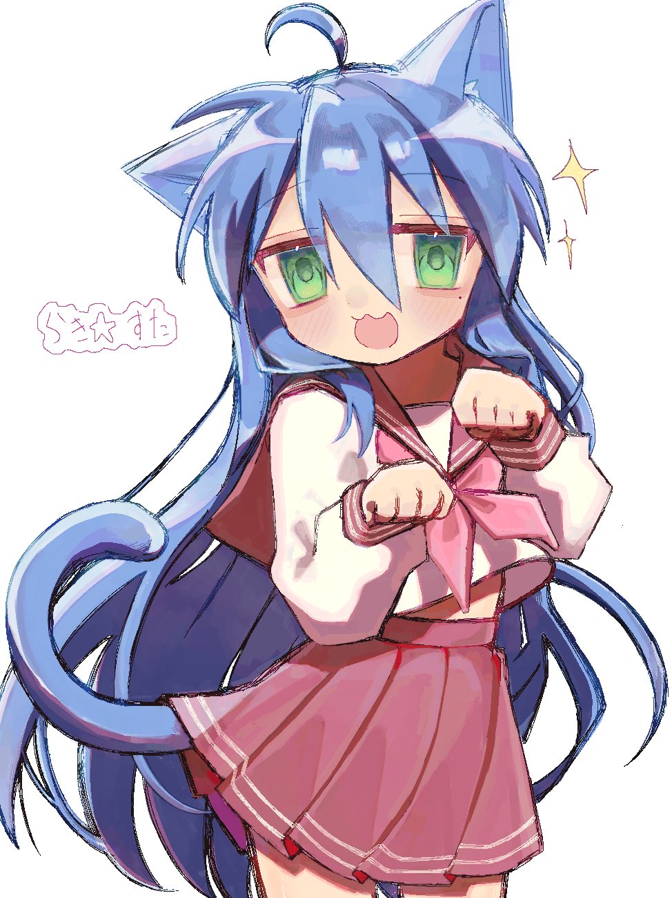 1girl, :3, ahoge, animal_ears, blue_hair, blush, cat_ears, cat_girl