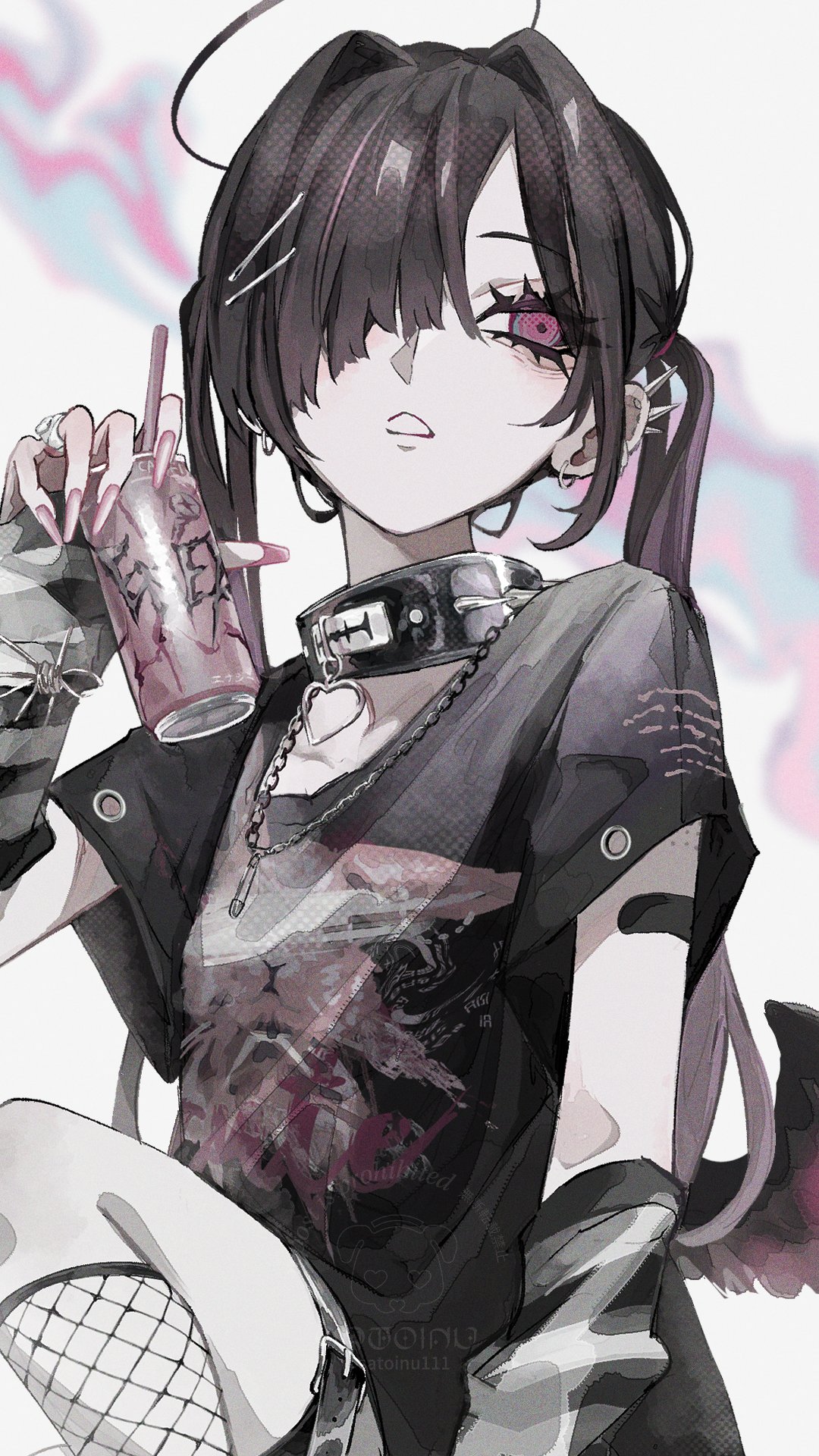 1girl, ahoge, bandaid, bandaid_on_arm, barbell_piercing, black_arm_warmers, black_collar, black_hair