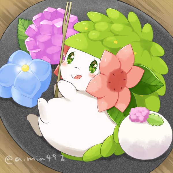 aimi_(aimia492), carving_fork, commentary, food, green_eyes, no_humans, pokemon, pokemon_(creature)