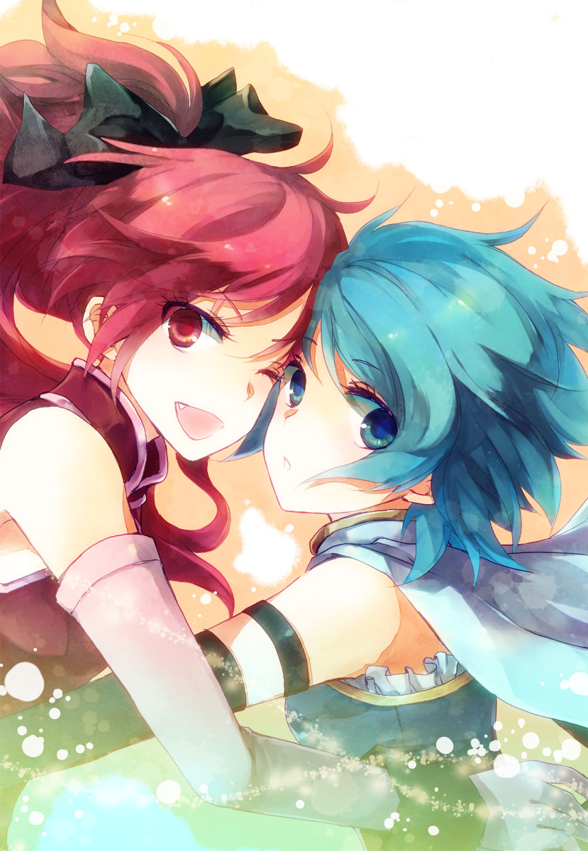 bare_shoulders, blue_eyes, blue_hair, blush, bust, cape, cheek-to-cheek, cheek_to_cheek