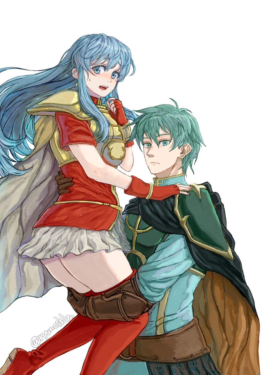 1boy, 1girl, absurdres, aqua_eyes, aqua_hair, armor, blush, boots