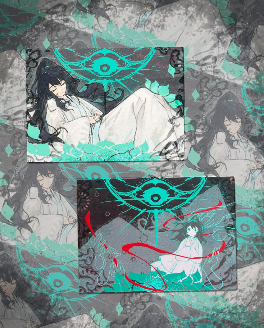 1boy, black_eyes, black_hair, blue_eyes, chinese_clothes, closed_eyes, full_body, grey_background