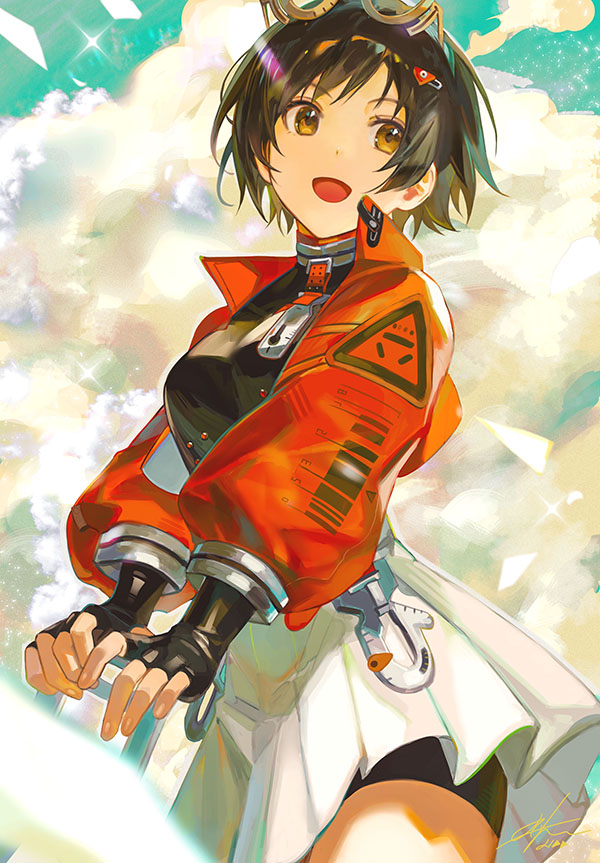 1girl, :d, bike_shorts, black_gloves, black_hair, black_shirt, black_shorts, blue_sky, clouds, cowboy_shot, eyewear_on_head, fingerless_gloves, from_side, glasses, gloves, jacket, lidd, long_sleeves, looking_at_viewer, miniskirt, orange_jacket, pleated_skirt, puffy_long_sleeves, puffy_sleeves, qianqiu_(xinyue_tongxing), shirt, short_hair, shorts, shorts_under_skirt, skirt, sky, smile, solo, white_shirt, xinyue_tongxing, yellow_eyes