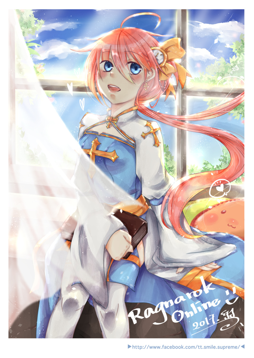1girl, ahoge, arch_bishop_(ragnarok_online), blue_dress, blue_eyes, blush, book, border