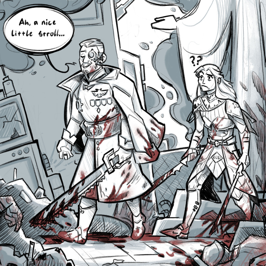 2boys, ?, ??, abelard_werserian, absurdres, armor, battlefield, belt