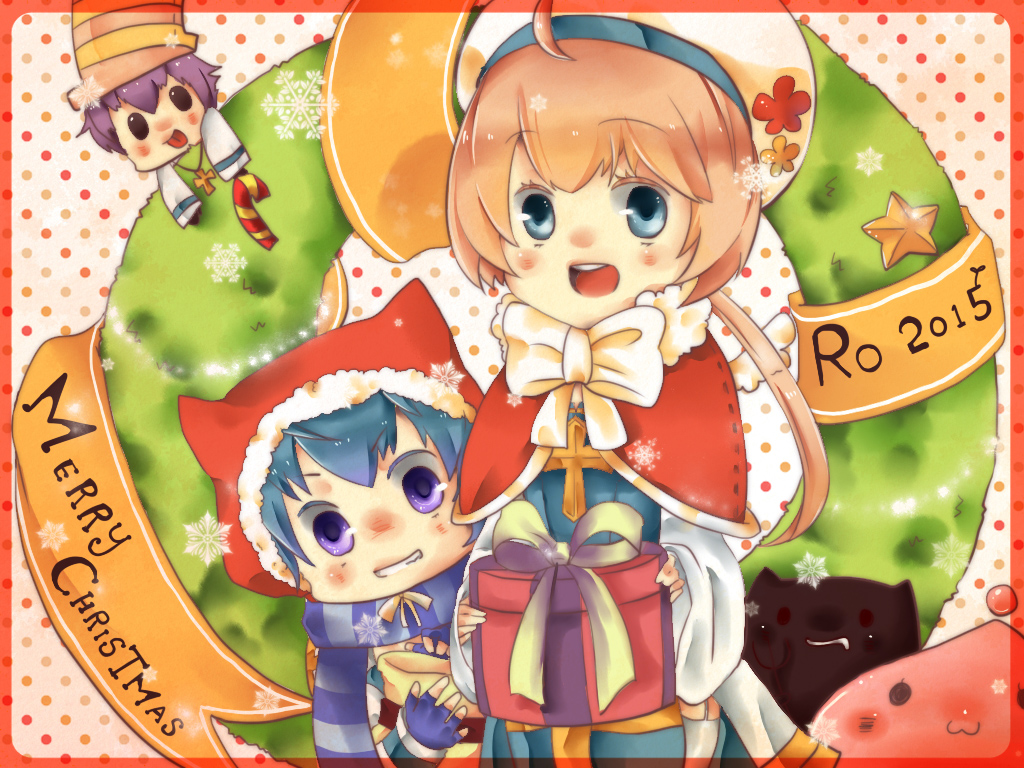 1girl, 2015, 2boys, :3, :d, arch_bishop_(ragnarok_online), blue_dress, blue_gloves