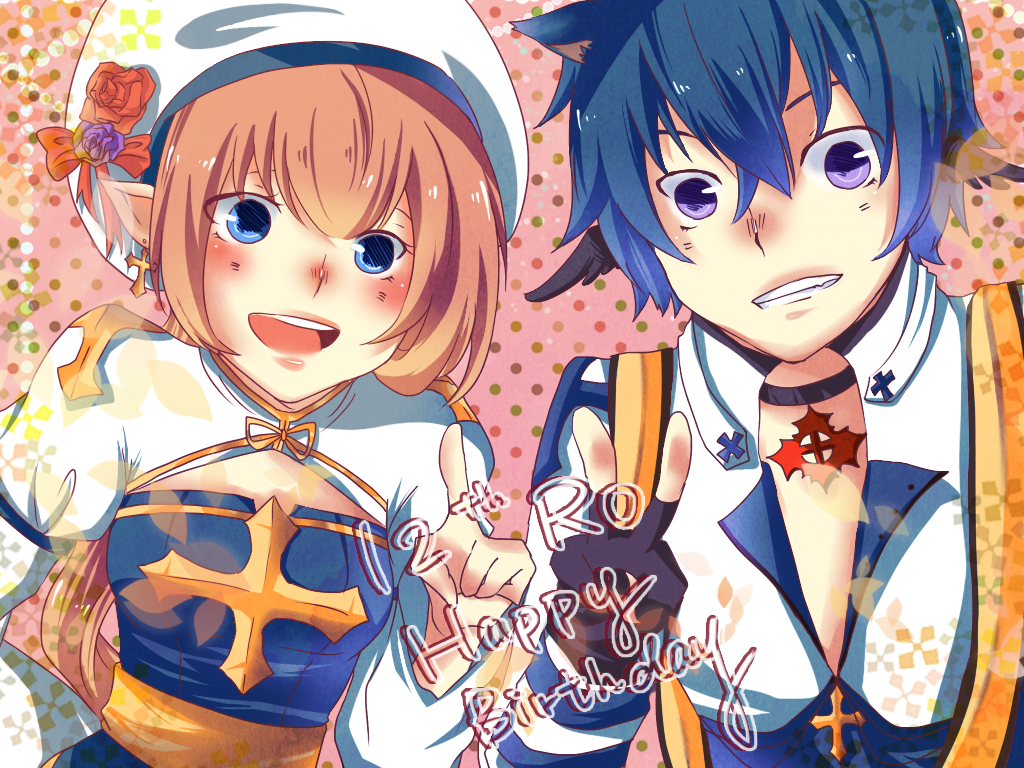 1boy, 1girl, anniversary, arch_bishop_(ragnarok_online), black_choker, black_gloves, black_wings, blue_coat