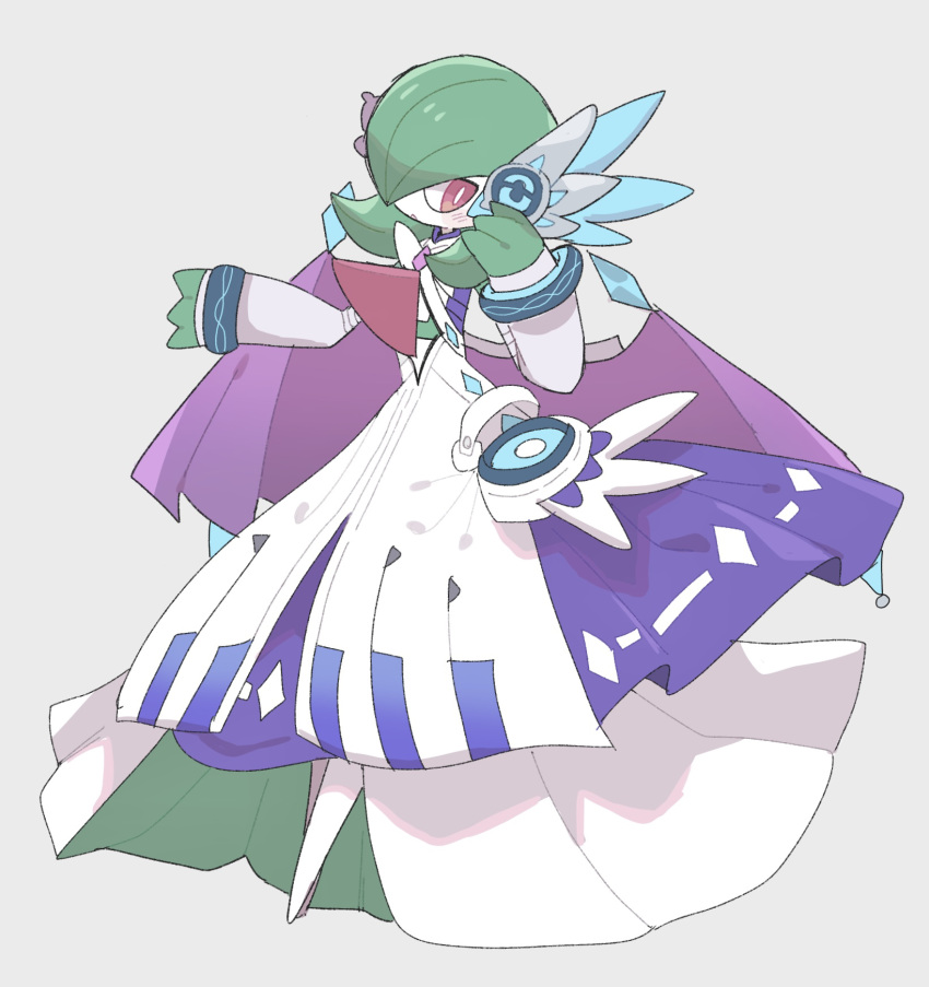 bad_id, bad_pixiv_id, blush, bob_cut, clothed_pokemon, colored_skin, detached_sleeves, dress, gardevoir, gardevoir_(songstress), green_hair, green_skin, grey_background, hair_over_one_eye, han0579, highres, multicolored_skin, pink_eyes, pokemon, pokemon_(creature), pokemon_unite, simple_background, two-tone_skin, white_dress, white_skin