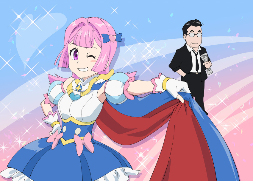 1boy, 1girl, akuyaku_reijou_tensei_ojisan, anna_doll, black-framed_eyewear, black_hair, black_jacket, black_necktie