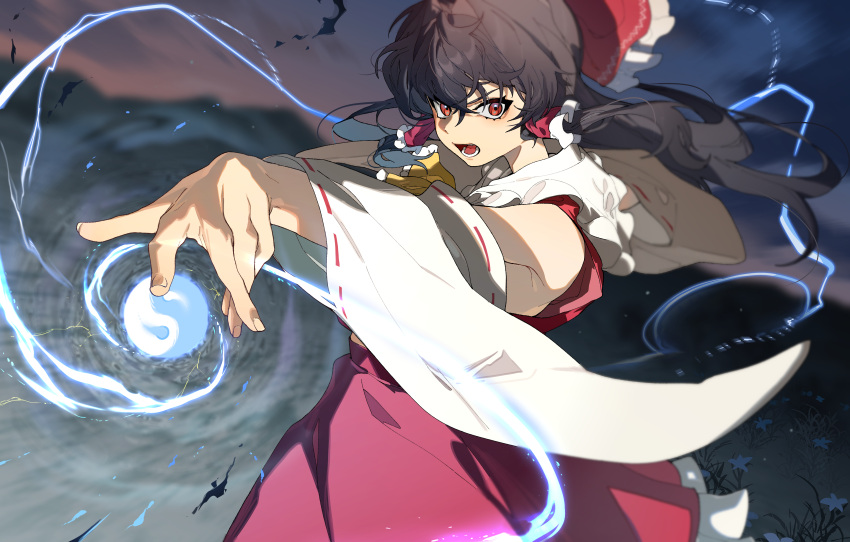 1girl, absurdres, ascot, bow, brown_hair, commentary_request, danmaku, detached_sleeves