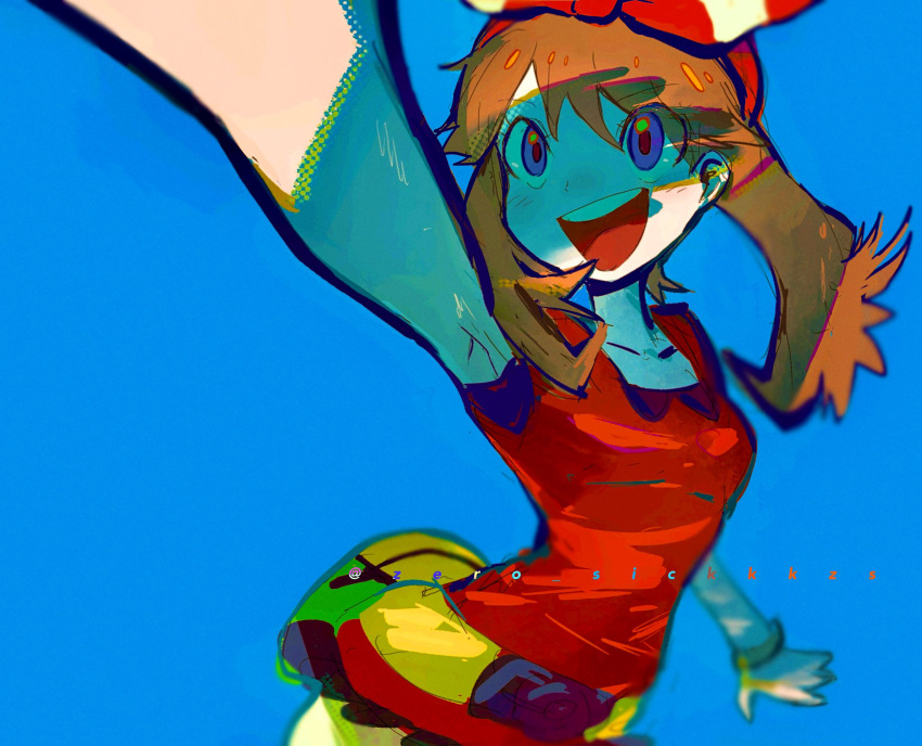 1girl, :d, arm_up, armpits, blue_background, bow, bow_hairband, brown_hair