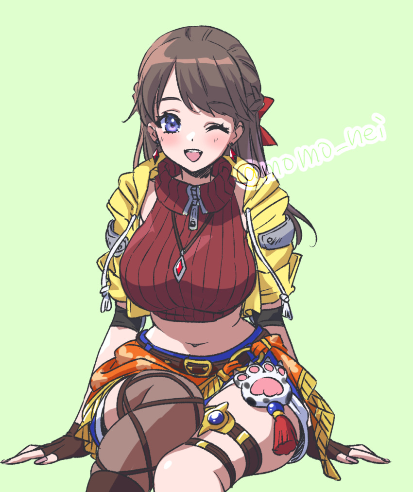 1girl, ;d, alternate_costume, blue_eyes, blue_gemstone, blue_shorts, bow, braid, breasts, brown_gloves, brown_hair, commentary_request, crop_top, cropped_jacket, denim, denim_shorts, dragon_quest, dragon_quest_x, earrings, elbow_pads, fingerless_gloves, gem, gloves, green_background, hair_bow, heroine_(dq10), highres, invisible_chair, jacket, jewelry, large_breasts, long_hair, looking_at_viewer, momo_nei, narrow_waist, navel, necklace, o-ring, one_eye_closed, open_mouth, orange_sarong, red_bow, red_gemstone, red_shirt, sarong, see-through_clothes, see-through_thighhighs, shirt, shorts, side_braid, single_thighhigh, sitting, smile, solo, thigh-highs, thigh_strap, yellow_jacket, zipper