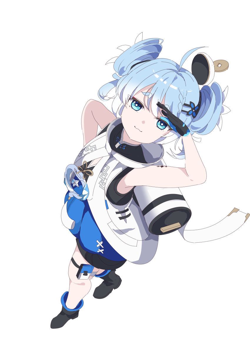 1girl, absurdres, ahoge, arm_up, black_gloves, blue_eyes, blue_hair, boots