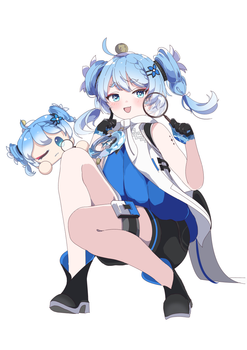 1girl, :d, absurdres, ahoge, bare_shoulders, black_gloves, black_shorts, blue_eyes