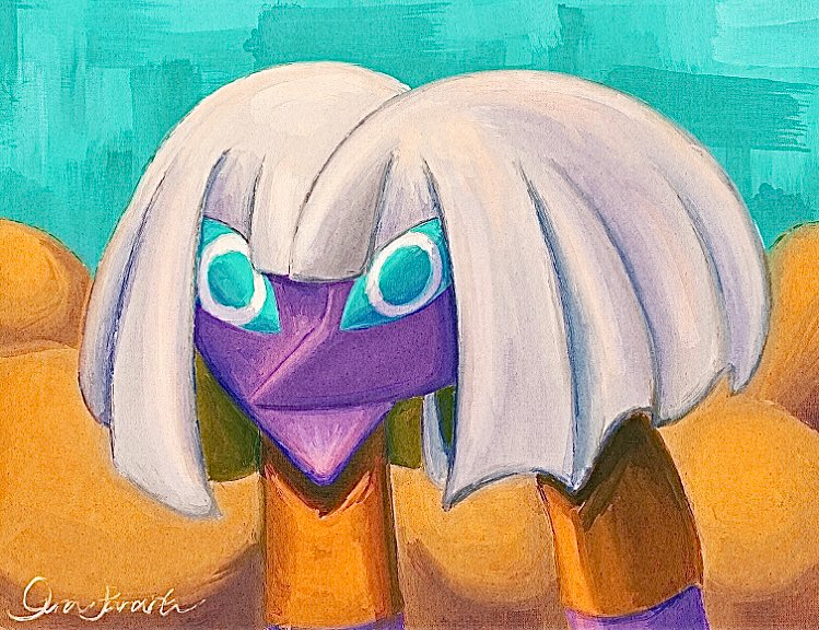 blue_background, blue_eyes, blunt_bangs, blunt_ends, bob_cut, colored_skin, espathra, feathers