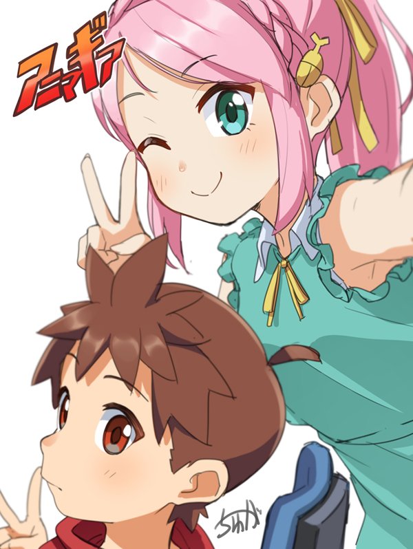 1boy, 1girl, ahoge, amakusa_kyo, anima_gear, aqua_dress, aqua_eyes, armpits, braid, brown_hair, chair, closed_mouth, collared_dress, copyright_logo, crown_braid, dress, frilled_dress, frills, hair_ornament, hair_ribbon, high_ponytail, long_hair, momiji_sakura, neck_ribbon, one_eye_closed, outstretched_arm, pink_hair, ponytail, red_eyes, ribbon, short_hair, signature, simple_background, tyuga, v, white_background, yellow_ribbon