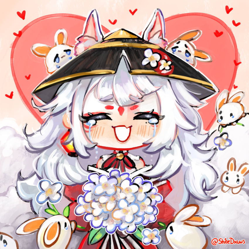 1girl, :d, animal_ears, bare_shoulders, black_hat, blush, bouquet, brown_background, closed_eyes, commentary, crying, ears_through_headwear, english_commentary, facing_viewer, fang, flower, fox_ears, hat, heart, highres, jingasa, long_hair, nijisanji, nijisanji_en, nina_kosaka, nina_kosaka_(1st_costume), off_shoulder, shibedraws, smile, tears, thick_eyebrows, very_long_hair, virtual_youtuber, white_flower, white_hair