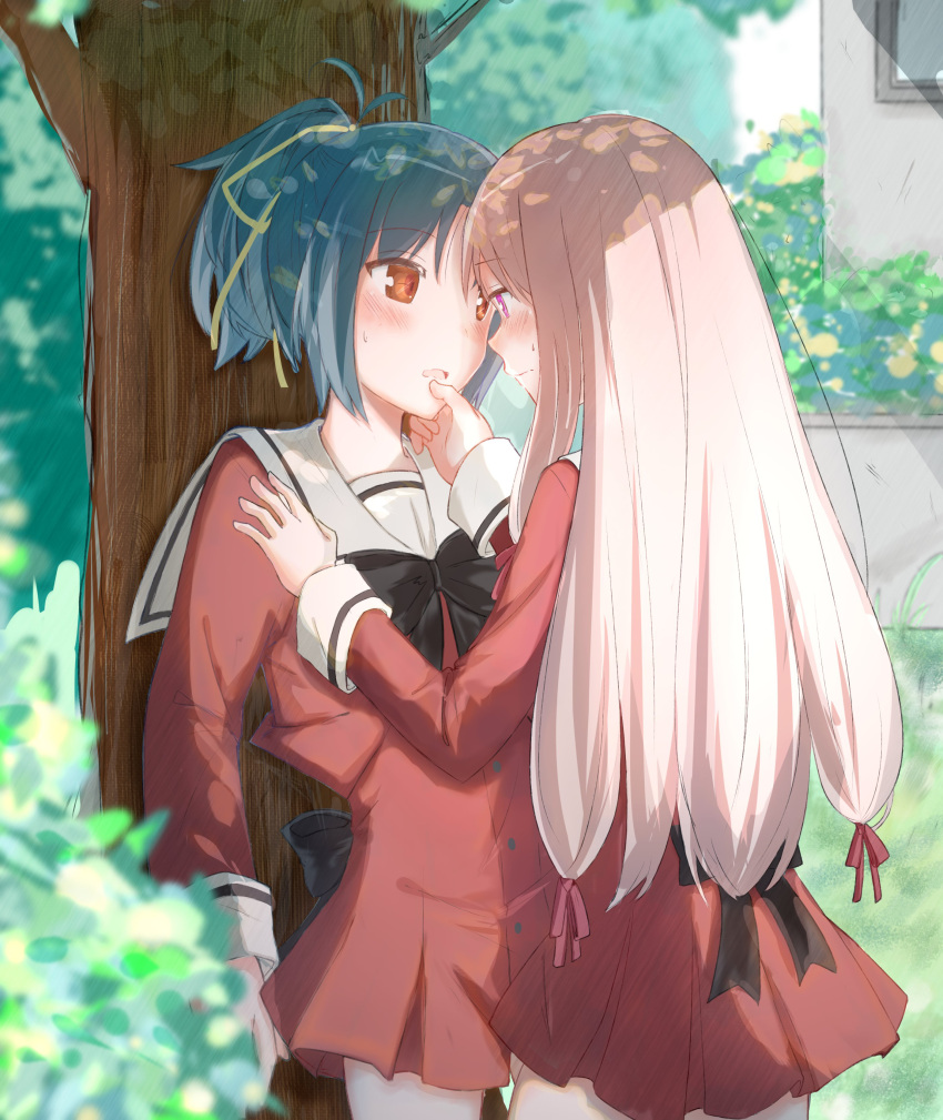 2girls, absurdres, black_bow, black_bowtie, blue_hair, blush, bow, bowtie, chinese_commentary, closed_mouth, commentary_request, day, dress, hand_on_another's_face, hand_on_another's_shoulder, highres, long_hair, multiple_girls, orange_eyes, outdoors, parted_lips, ponytail, red_dress, sahara1109, sailor_collar, sailor_dress, shinozaki_rikka, shirakawa_sayuki, sono_hanabira_ni_kuchizuke_wo, tree, violet_eyes, white_hair, white_sailor_collar, yuri