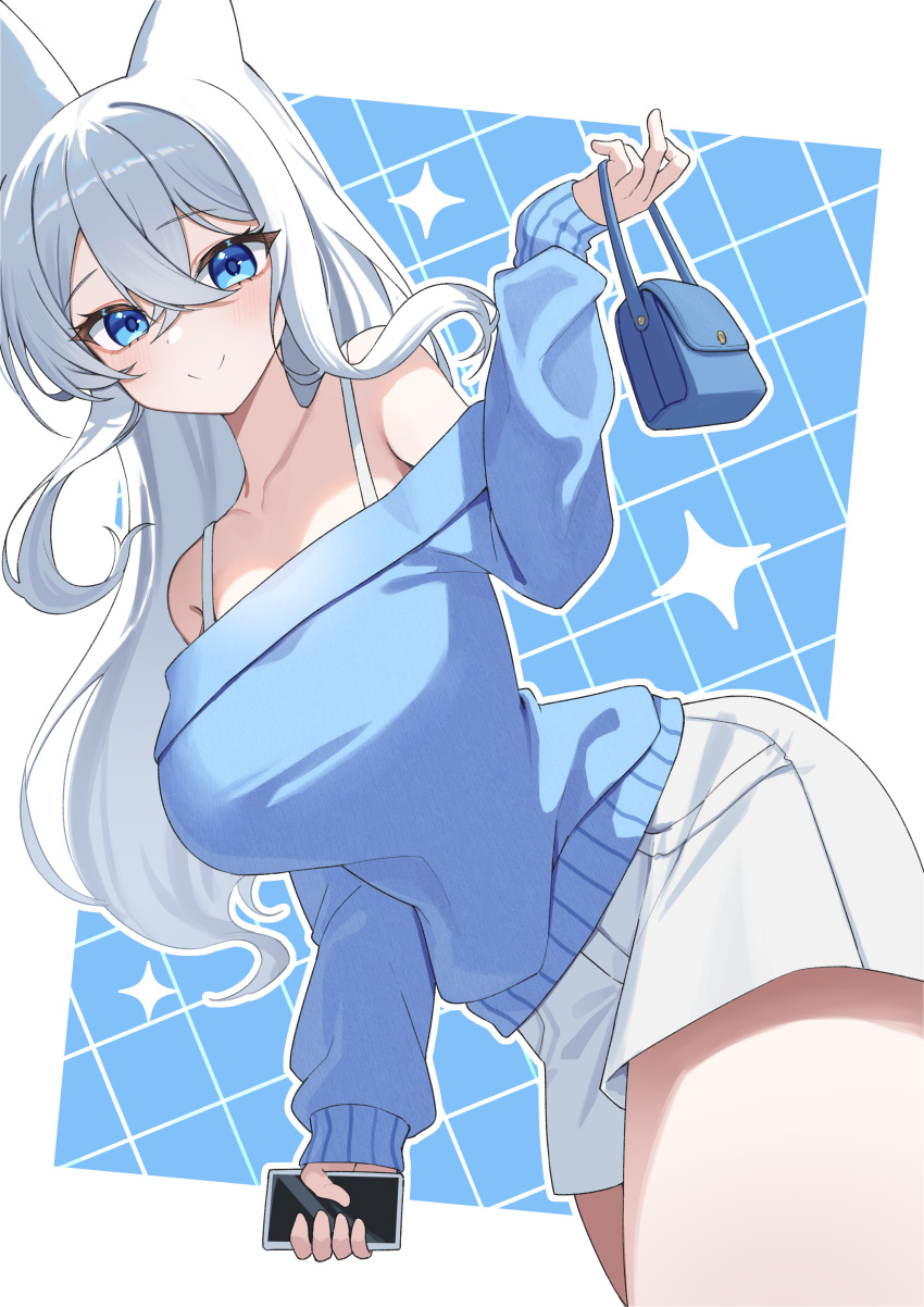 1girl, absurdres, animal_ears, bag, bare_shoulders, blue_background, blue_bag, blue_eyes