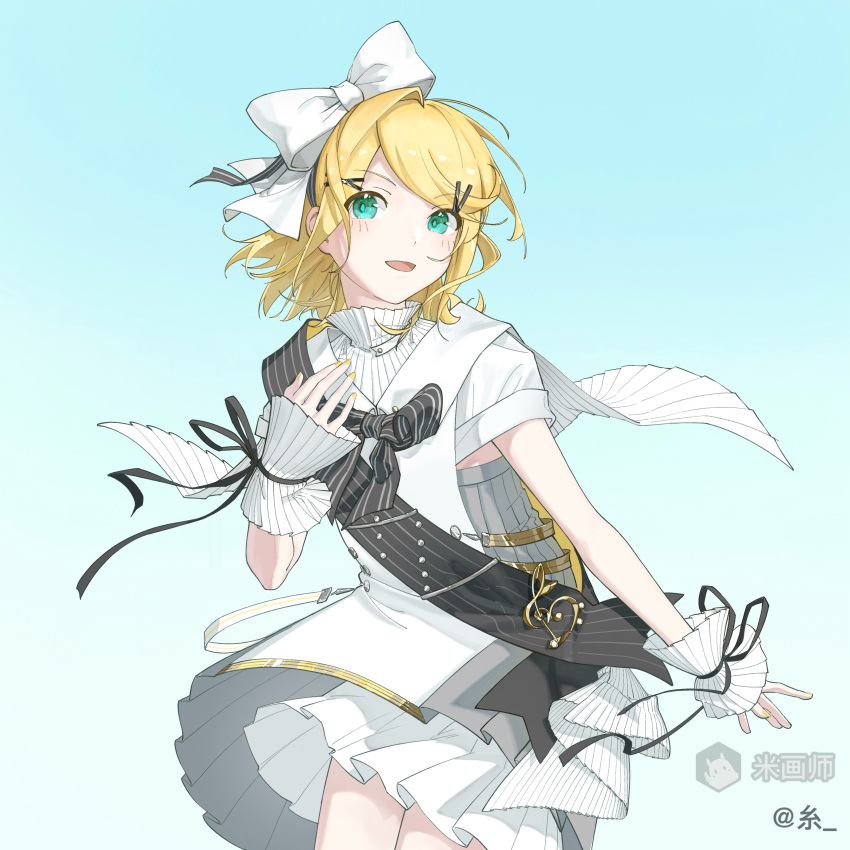 1girl, absurdres, alternate_costume, artist_name, black_bow, blonde_hair, bow, cowboy_shot