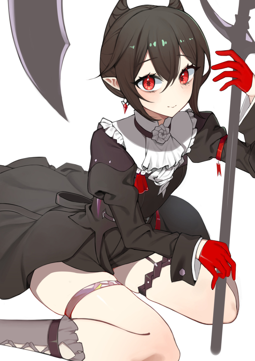 1girl, absurdres, arknights, ascot, black_dress, black_hair, closed_mouth, commentary, dress, earrings, entelechia_(arknights), gloves, hair_between_eyes, hair_horns, highres, holding, holding_scythe, invisible_floor, jewelry, jinggun, juliet_sleeves, long_sleeves, looking_at_viewer, mole, mole_under_eye, pointy_ears, puffy_sleeves, red_eyes, red_gloves, scythe, short_hair, sidelocks, sitting, solo, thigh_strap, thighs, wariza, white_ascot, white_background