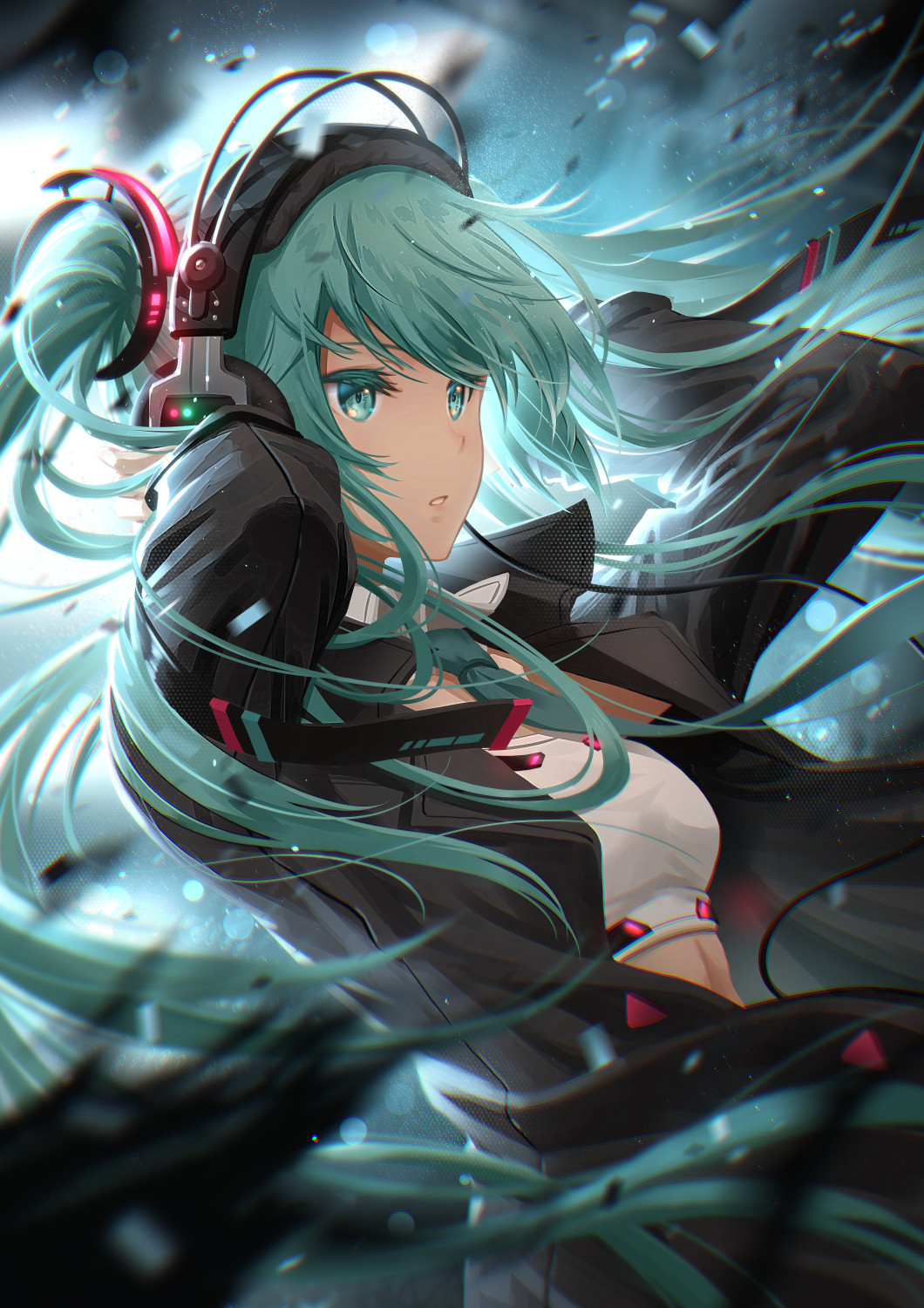 1girl, aqua_eyes, aqua_hair, aqua_necktie, black_jacket, breasts, crop_top, debris, detached_collar, floating_clothes, floating_hair, glowing_trim, hand_in_own_hair, hand_on_headphones, hatsune_miku, headphones, highres, jacket, light_particles, long_hair, long_sleeves, looking_ahead, midriff, necktie, open_clothes, open_jacket, parted_lips, pinakes, popped_collar, small_breasts, solo, strap, strapless, tank_top, tube_top, twintails, upper_body, very_long_hair, vocaloid, white_tank_top, white_tube_top, wind