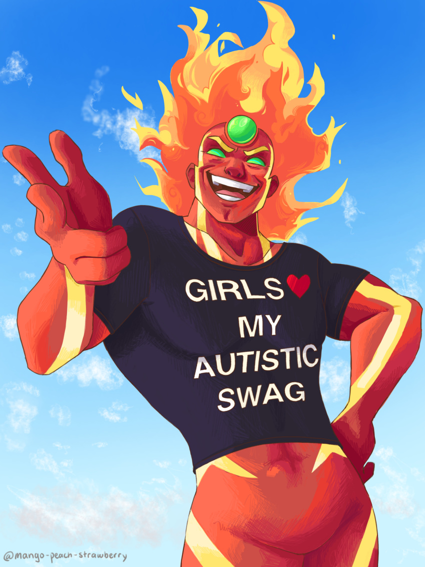 1boy, black_shirt, blue_sky, clothes_writing, cowboy_shot, fiery_hair, forehead_jewel, green_eyes