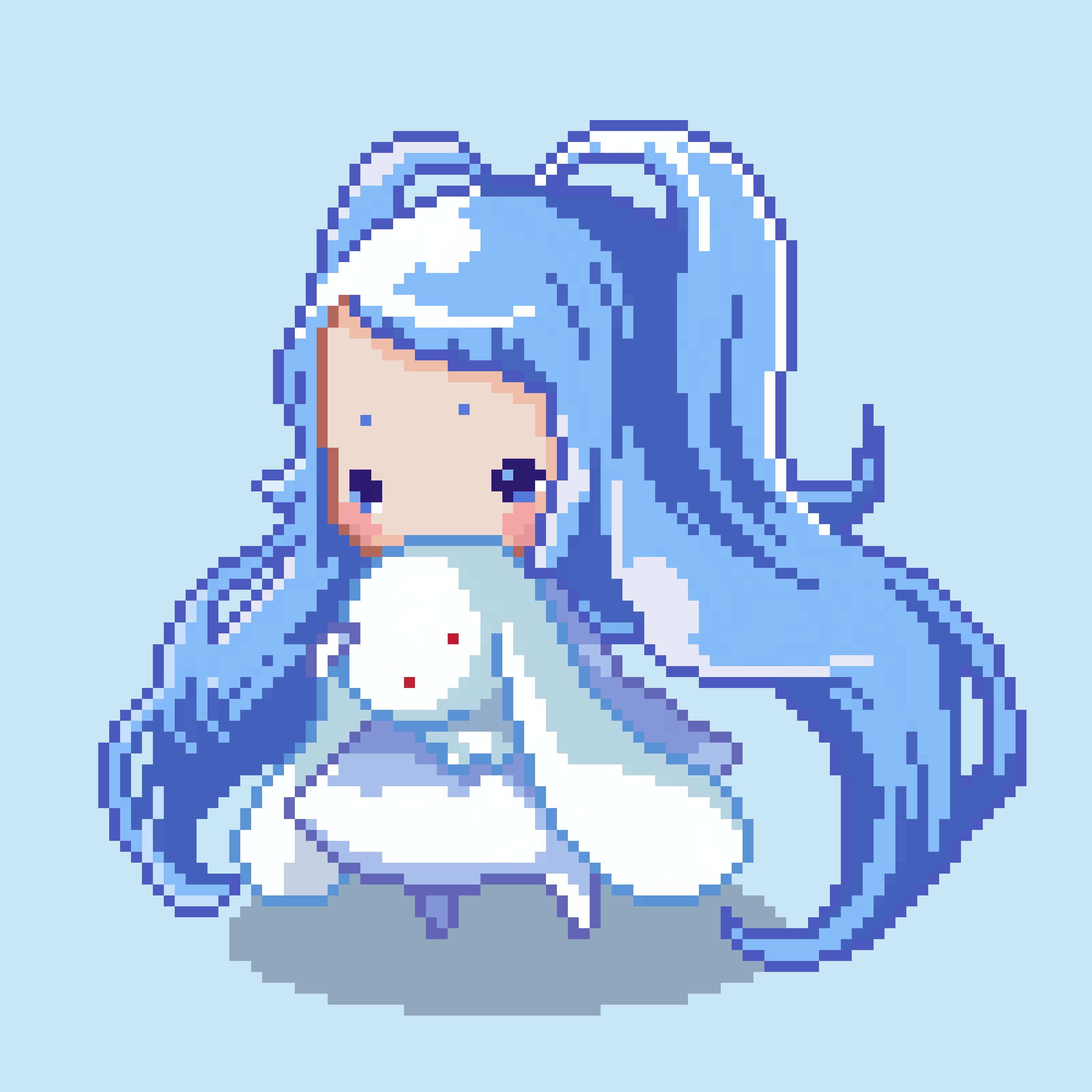 1girl, absurdres, blue_background, blue_eyes, blue_hair, blush, chibi, daer_maodou_(roco_kingdom:world), doll, highres, holding, holding_doll, long_hair, maiyuqiang_w, pixel_art, pokemon_(creature), roco_kingdom, roco_kingdom:world, short_bangs, short_eyebrows, simple_background, very_long_hair, xueying_wawa_(roco_kingdom:world)