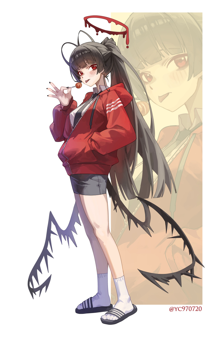 1girl, absurdres, alternate_costume, alternate_hairstyle, antenna_hair, black_hair, black_necktie, black_sandals