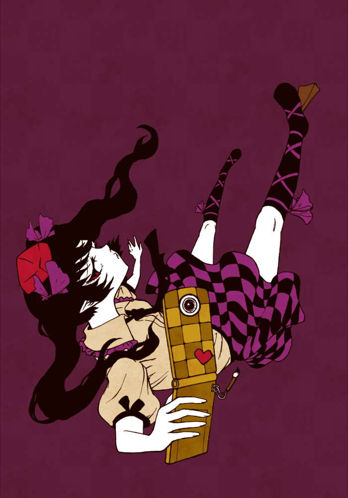 black_hair, cellphone, cellphone_strap, checkered, checkered_skirt, dress_shirt, hat, himekaidou_hatate