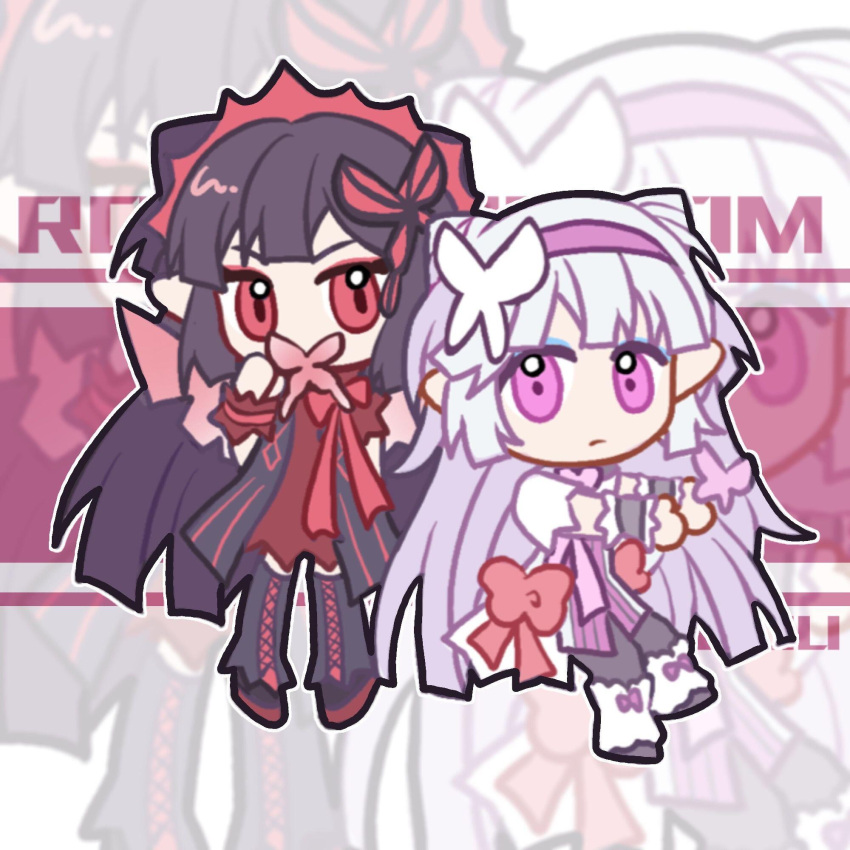 2girls, bad_source, black_hair, boots, bow, bug, butterfly, butterfly_hair_ornament