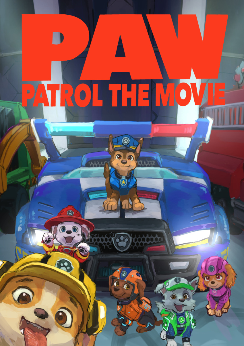1girl, 5boys, animal_ears, brown_fur, bulldog, car, chase_(paw_patrol), christmas_star