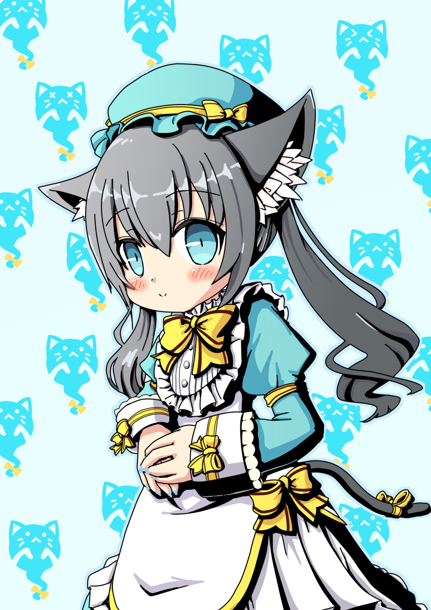 1girl, absurdres, animal_ears, apron, blue_dress, blue_eyes, blue_hat, cat_ears