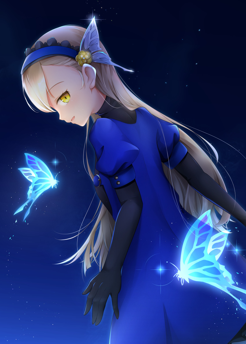 1girl, absurdres, ameno_sagiri_(artist), black_gloves, blonde_hair, blue_butterfly, blue_dress, blue_hairband