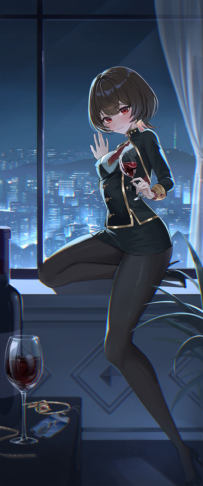 1girl, alcohol, arm_support, black_jacket, black_pantyhose, black_shoes, black_skirt, black_survival