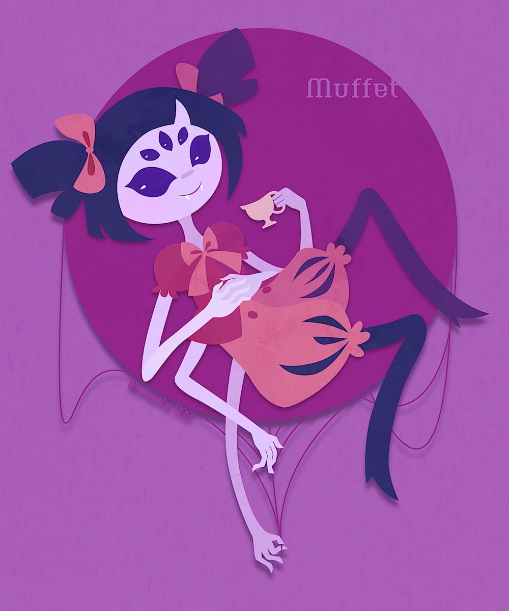 1girl, arthropod_girl, black_hair, bow, character_name, cup, drop_shadow, extra_arms, fangs, full_body, hisashi999, holding, holding_cup, muffet, no_lineart, pink_bow, puffy_shorts, short_hair, short_twintails, shorts, solo, spider_girl, teacup, thread, twintails, undertale, utdr_(toby_fox), violet_eyes