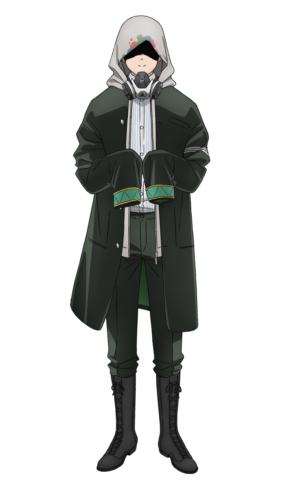 1boy, anime_coloring, boots, closed_mouth, collared_shirt, faceless, faceless_male, full_body, gakuran, gas_mask, green_jacket, green_pants, grey_boots, highres, hood, hood_up, hoodie, jacket, long_sleeves, looking_at_viewer, mask, momose_takumi, no_eyes, official_art, open_clothes, open_jacket, pants, school_uniform, shaded_face, shirt, simple_background, sleeves_past_wrists, smile, solo, standing, striped_clothes, striped_shirt, taisos, transparent_background, very_long_sleeves, white_hoodie, wind_breaker_(nii_satoru)