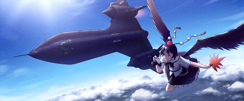 1girl, absurdres, aircraft, black_bow, black_bowtie, black_hair, black_skirt, blue_sky